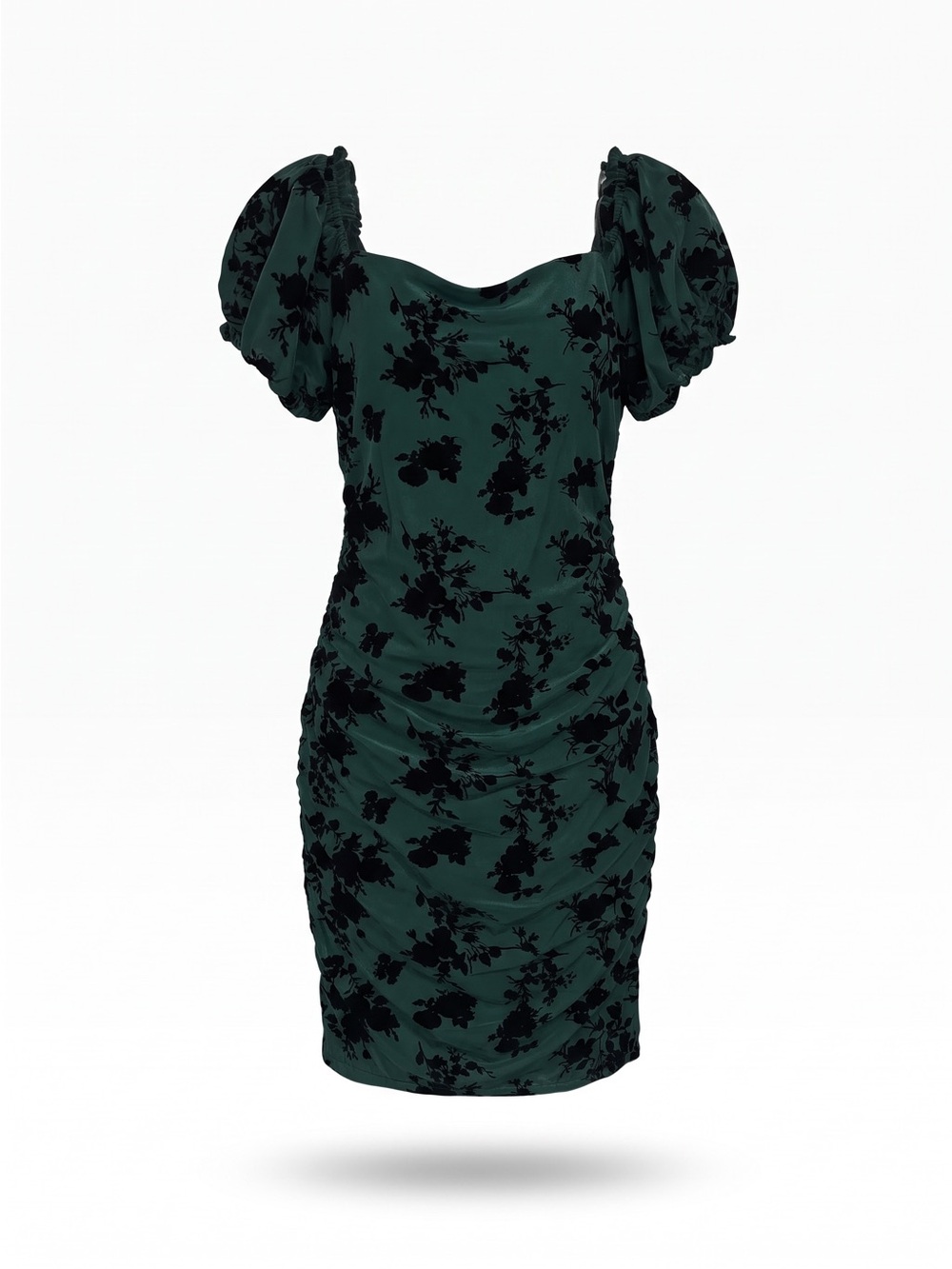 Dear Moon Green Black Floral Ruched Puff Sleeve Dress size Jr 9